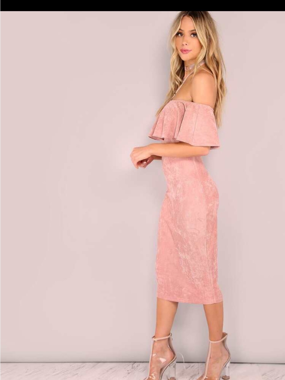 SHEIN Dusty Rose Off-Shoulder Ruffle Midi Dress